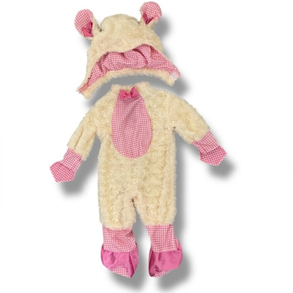Baby Lamb Costume Jumpsuit Soft Fleece with Headpiece Pink Gingham Rubies 0-6 M - Picture 2 of 16